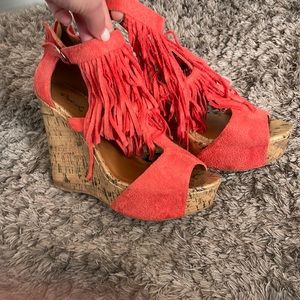 Qupid faux suede fringe wedges